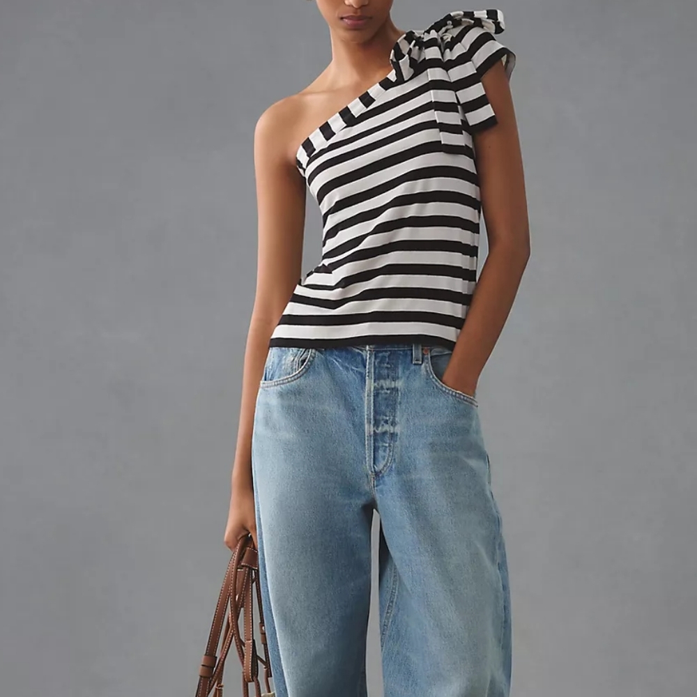 Anthropologie striped one shoulder top, large, white/black